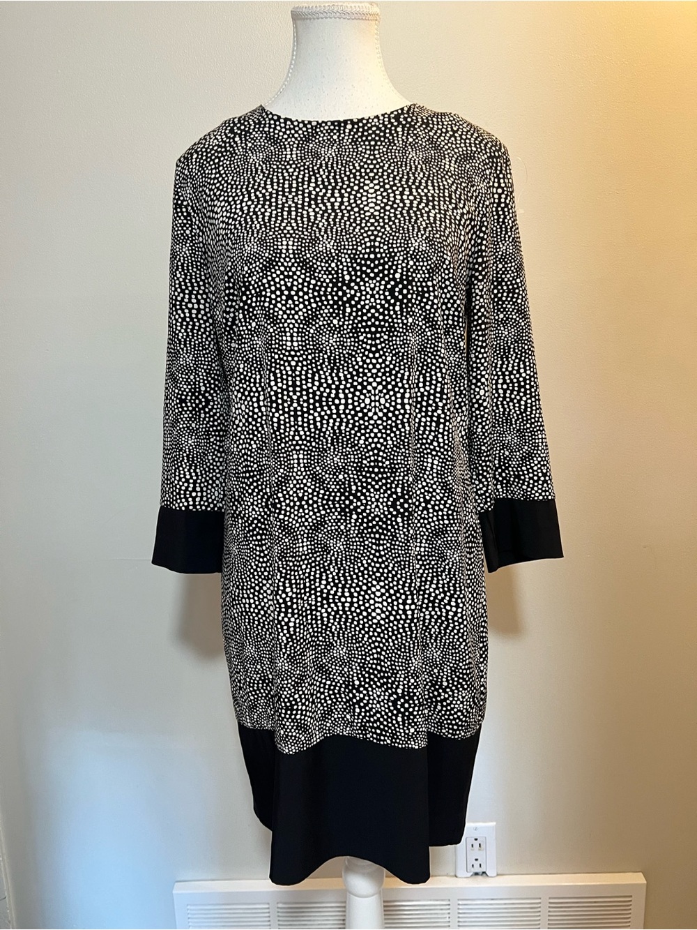 Armani Exchange Black and White Dot-Print Long Sleeve Shift Dress
